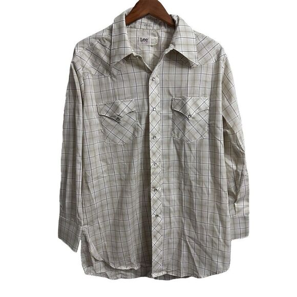 LEE Vintage Western Button Down Shirt‎ Pearl Snaps Men's Size  17 34 Made in USA - Picture 1 of 8